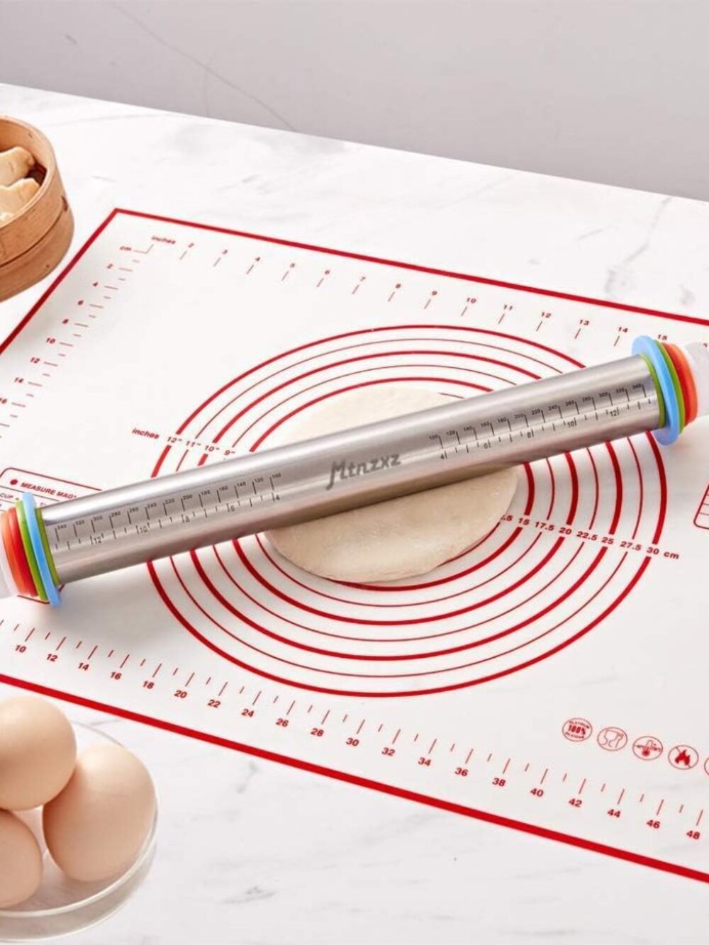 Rolling Pin and Silicone Baking Pastry Mat Set, Stainless Steel Dough Roller, Ro - Picture 8 of 8